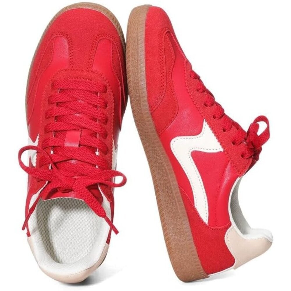 Womens Tennis Red Fashion Sneakers Comfortable Casual Slip On Lace Up Footwear